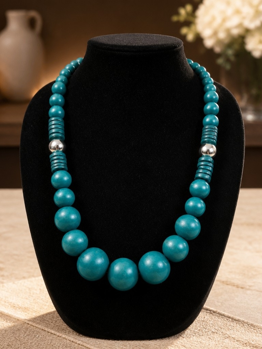 Turquoise Wood Beaded Statement Necklace